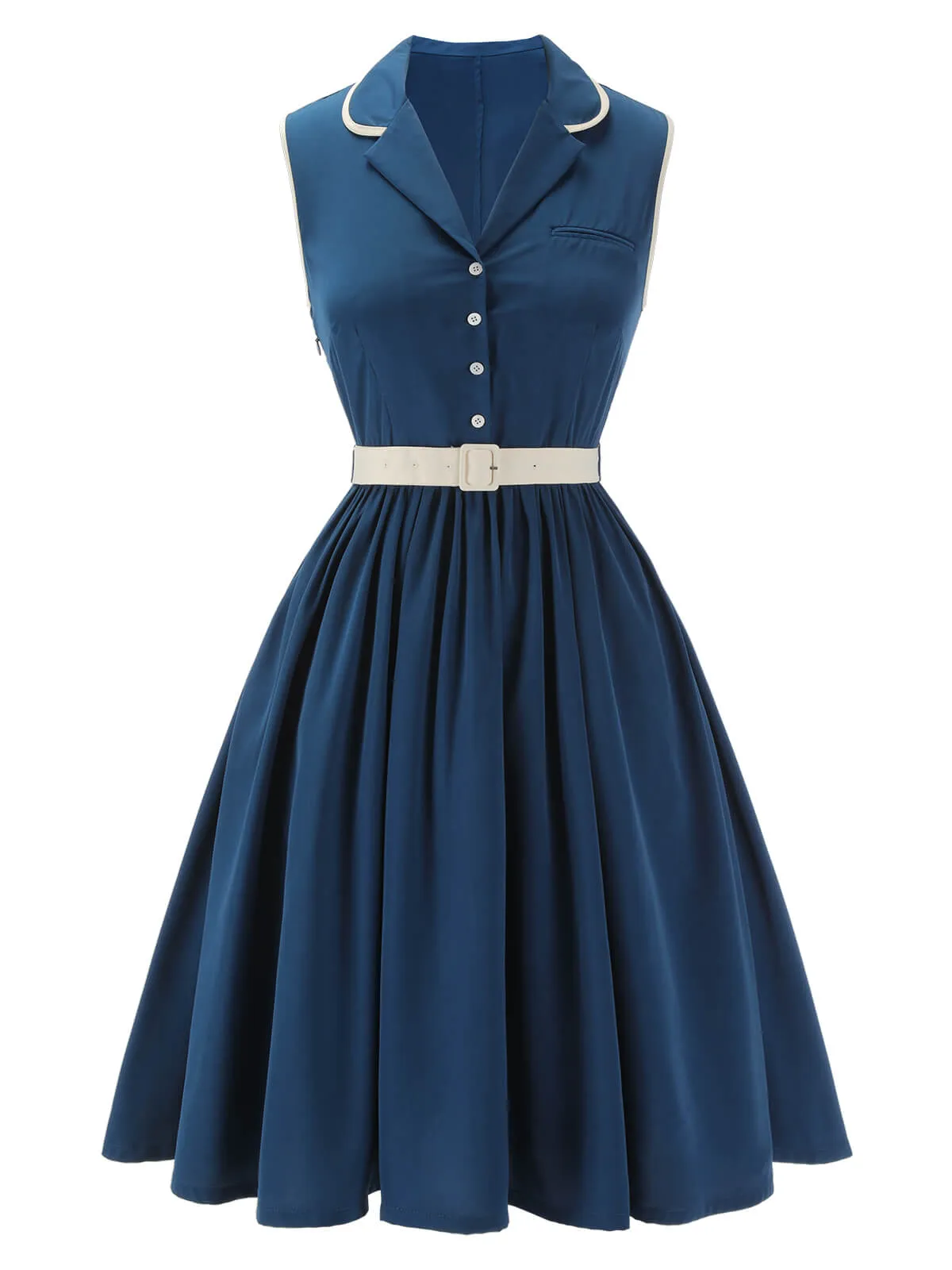 1960s Navy Blue Sleeveless Lapel Dress