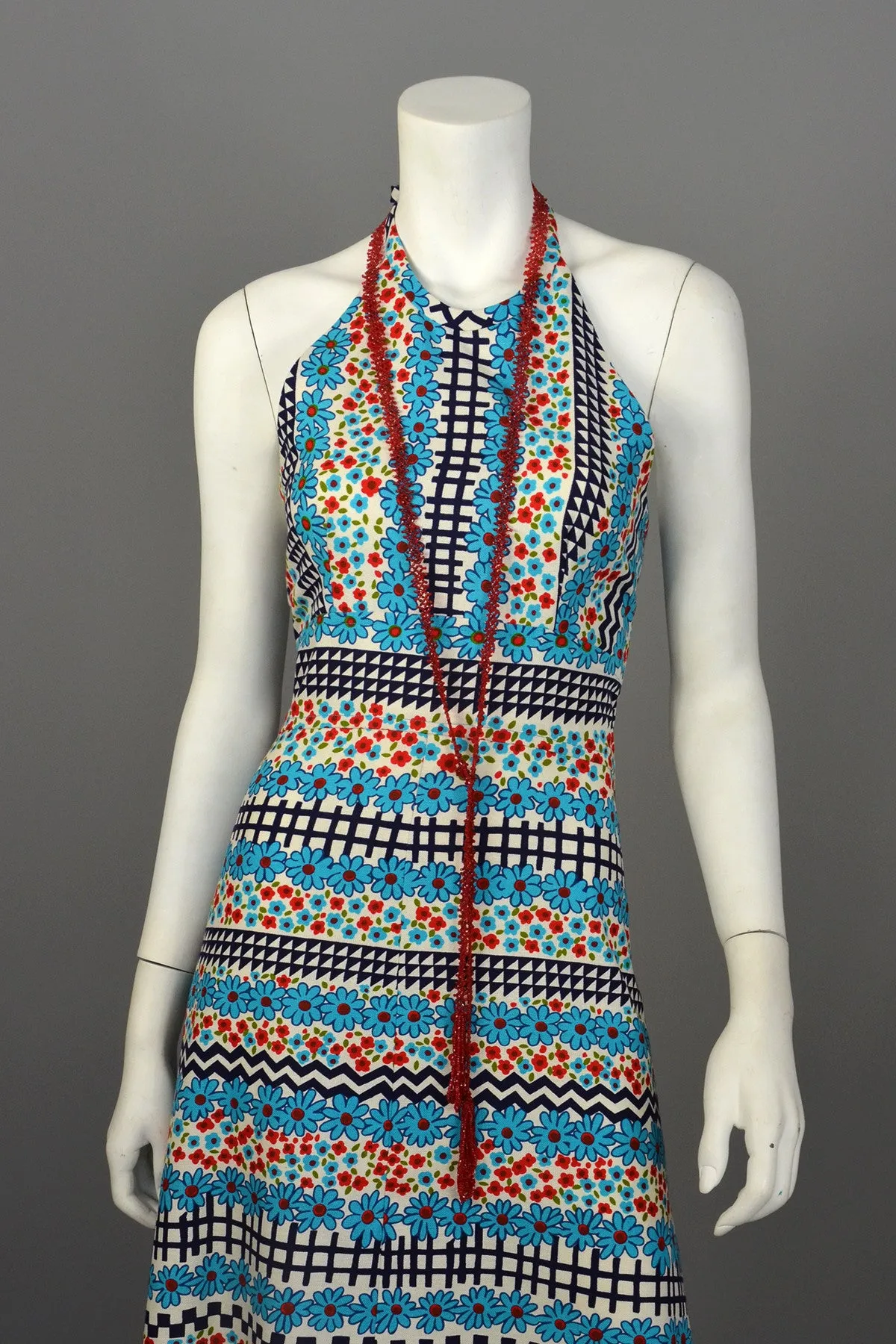 1960's Retro Print Hippie Maxi Halter Dress