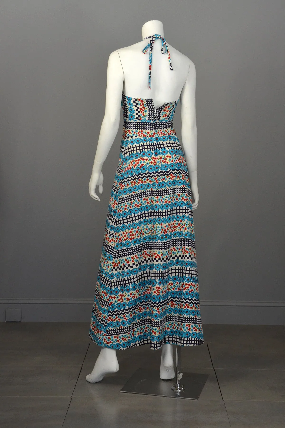 1960's Retro Print Hippie Maxi Halter Dress