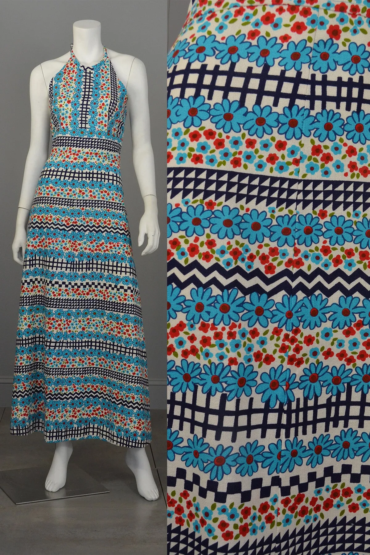 1960's Retro Print Hippie Maxi Halter Dress