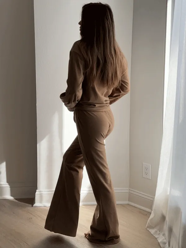 2pcs V Neck  Long Sleeve Wide Leg Pants Outfits