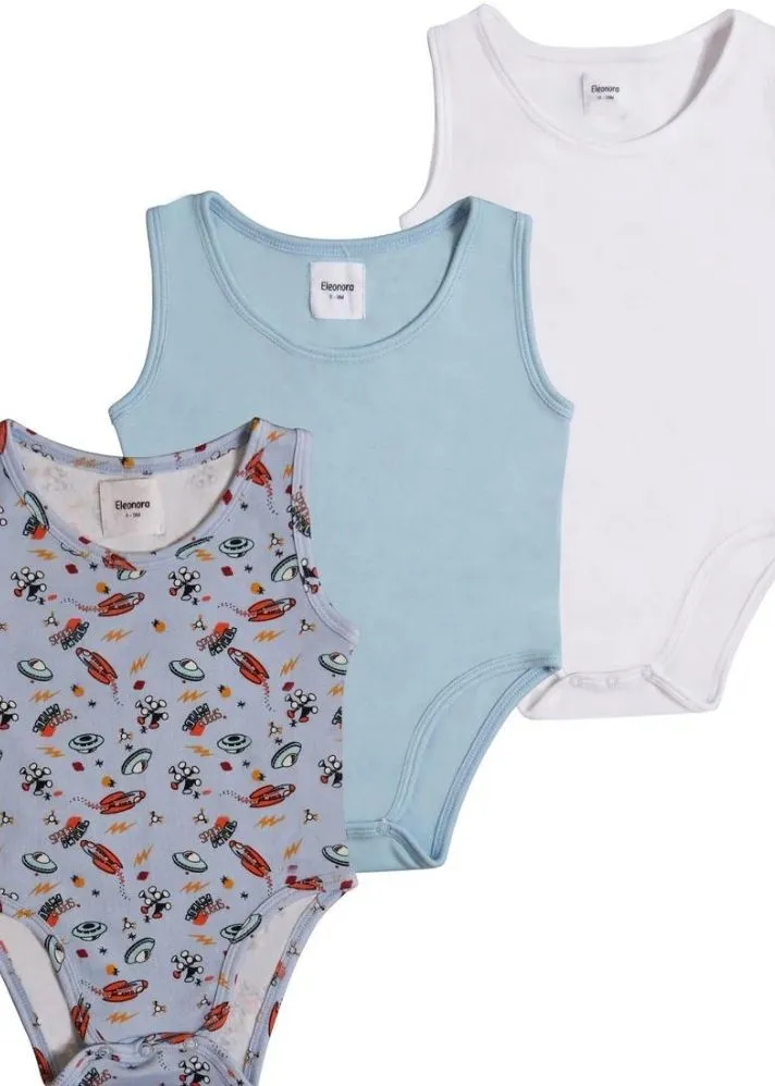 3-Pack Sleeveless Organic Bodysuits - Space Explorer , Clear Sky Blue And White