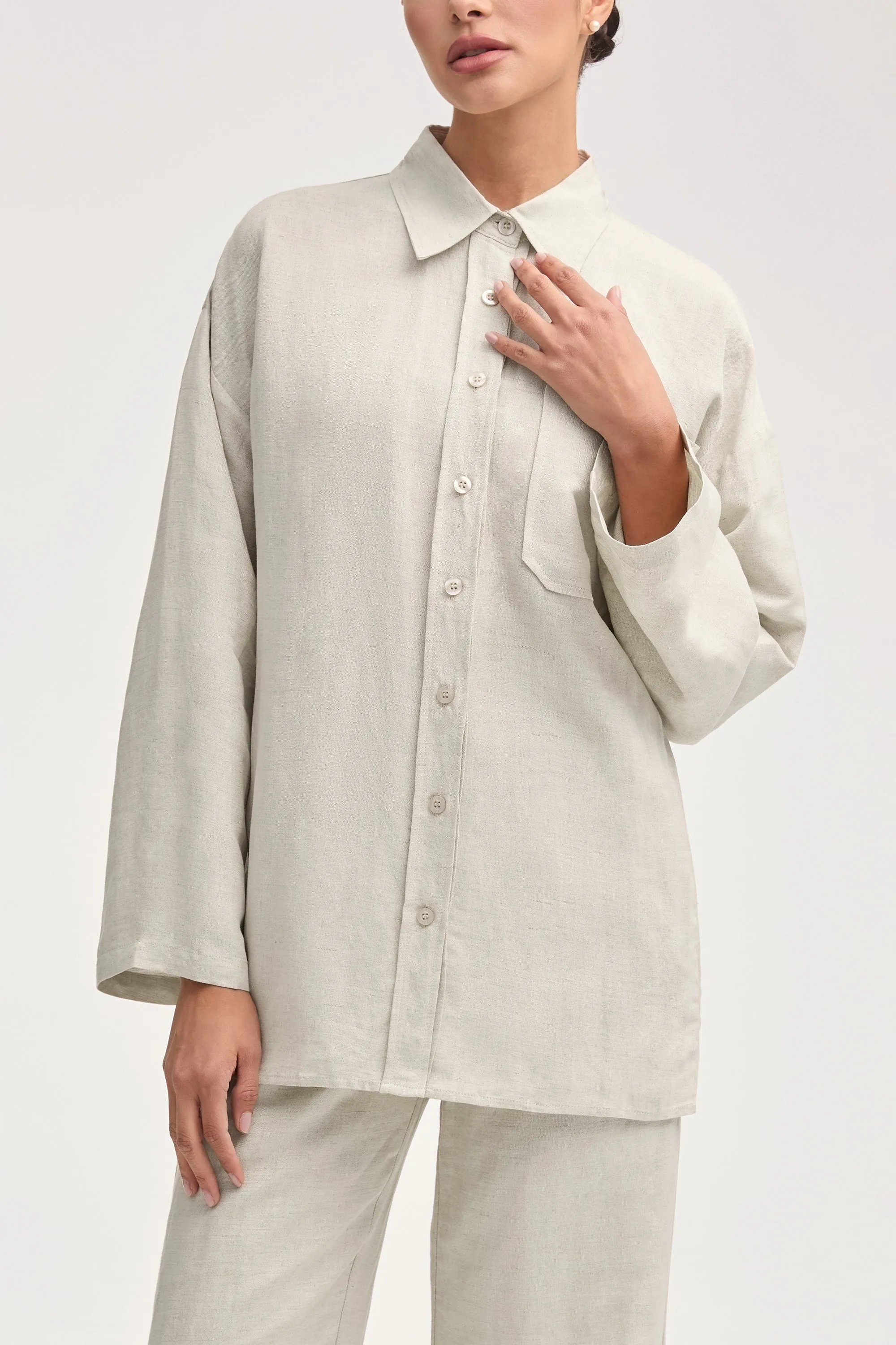 Adalila Linen Button Down Top - Oatmeal