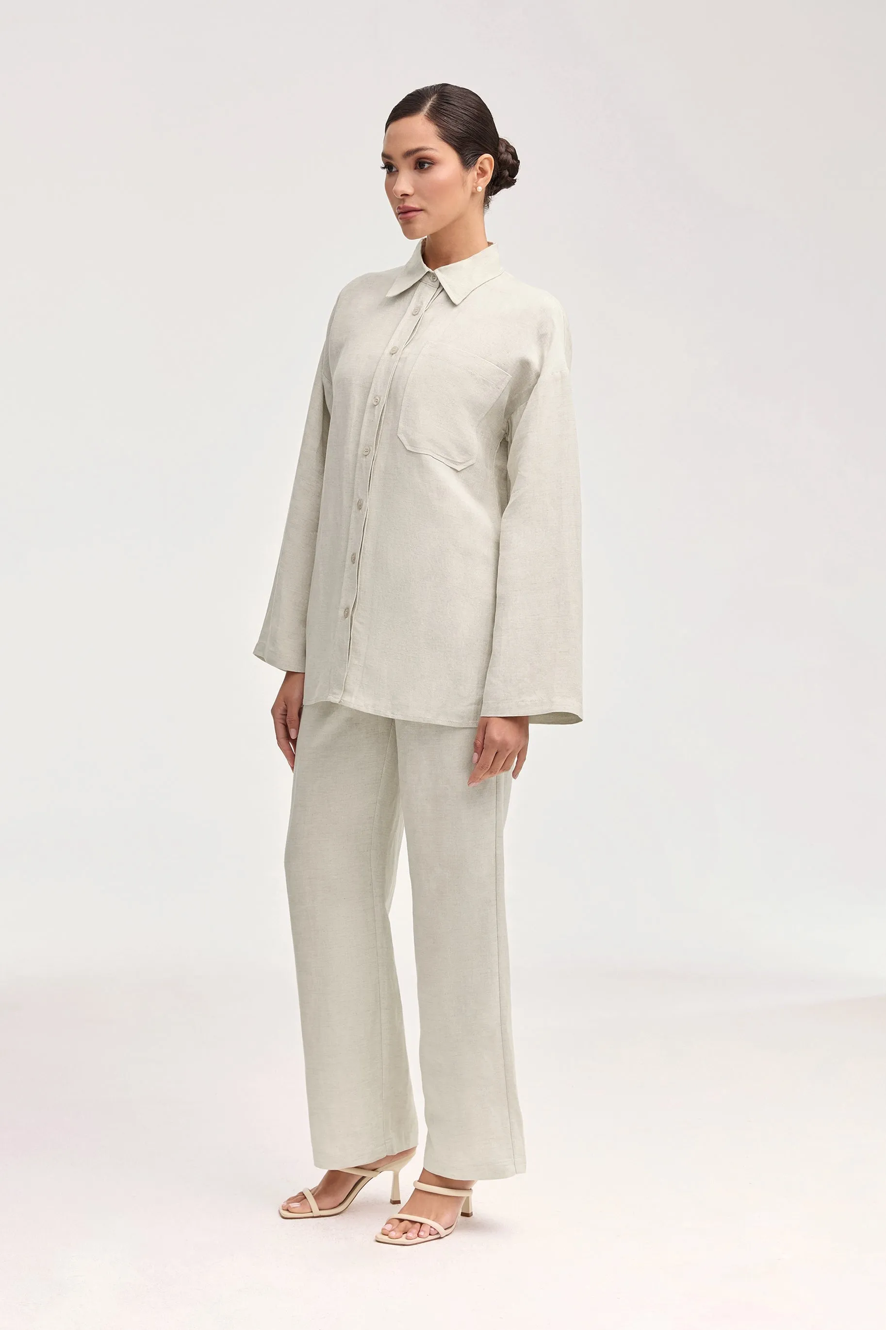 Adalila Linen Button Down Top - Oatmeal