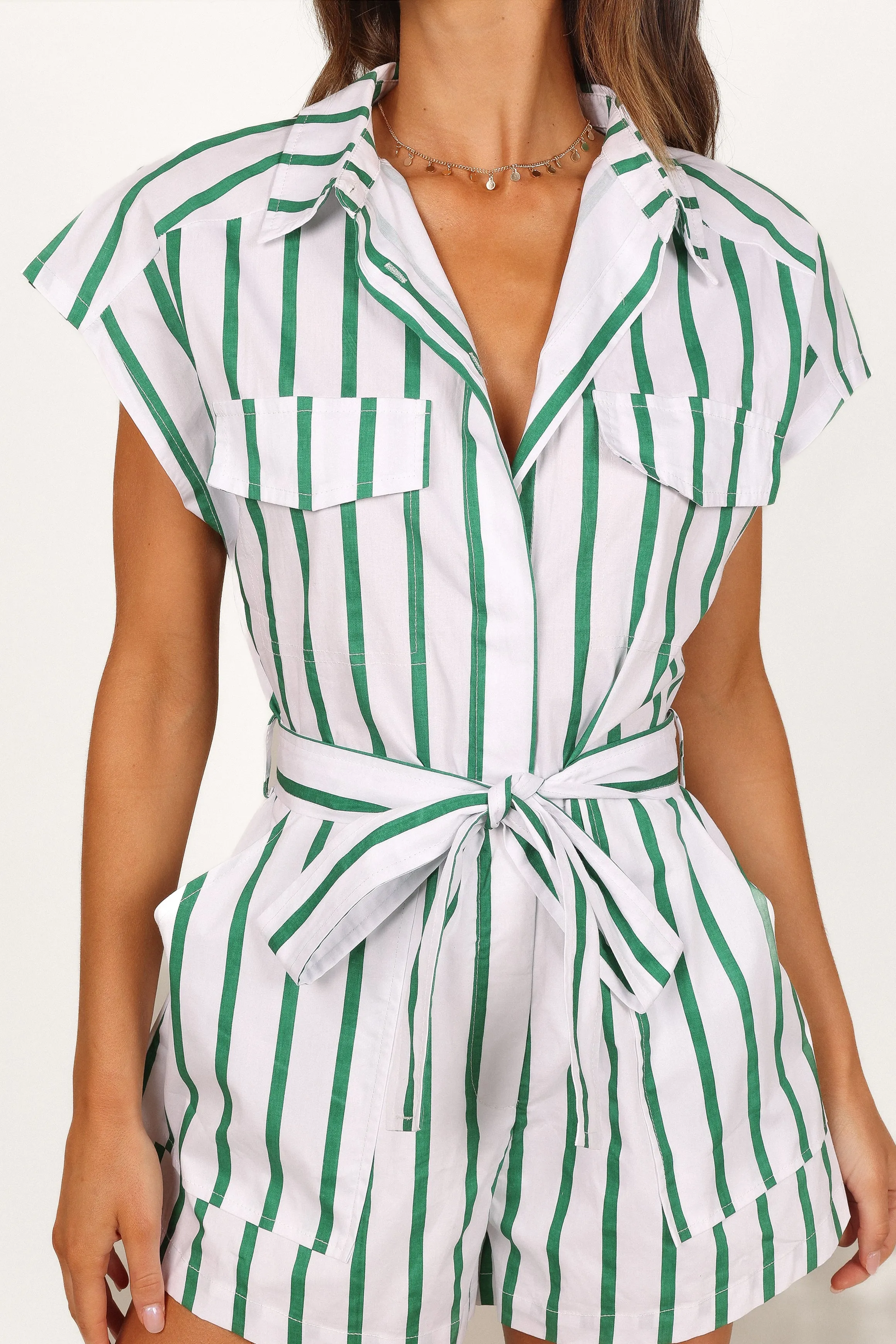 Addie Tie Waist Romper - White/Green