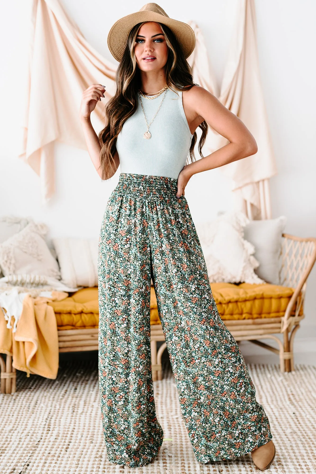 After-Bloom Delight Smocked Waist Palazzo Pants (Black Multi)