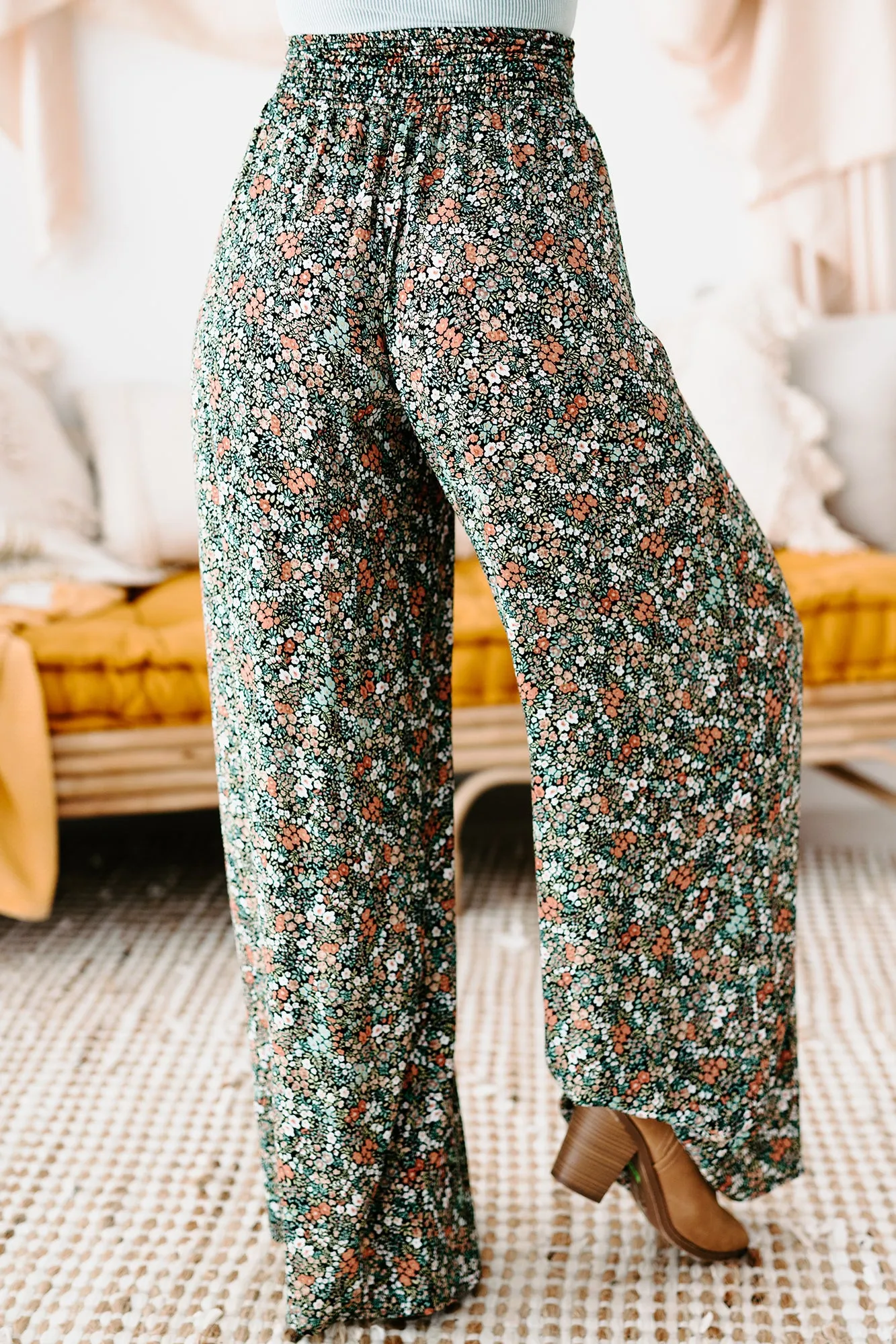 After-Bloom Delight Smocked Waist Palazzo Pants (Black Multi)