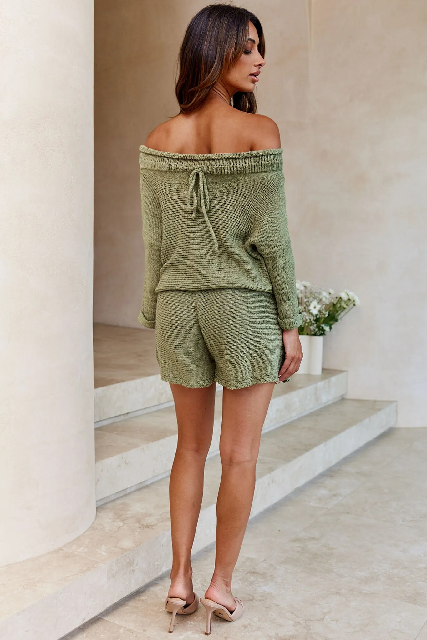 Amris Off-Shoulder Long Sleeve Knit Romper Khaki