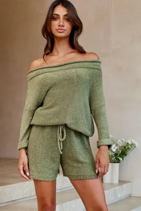 Amris Off-Shoulder Long Sleeve Knit Romper Khaki