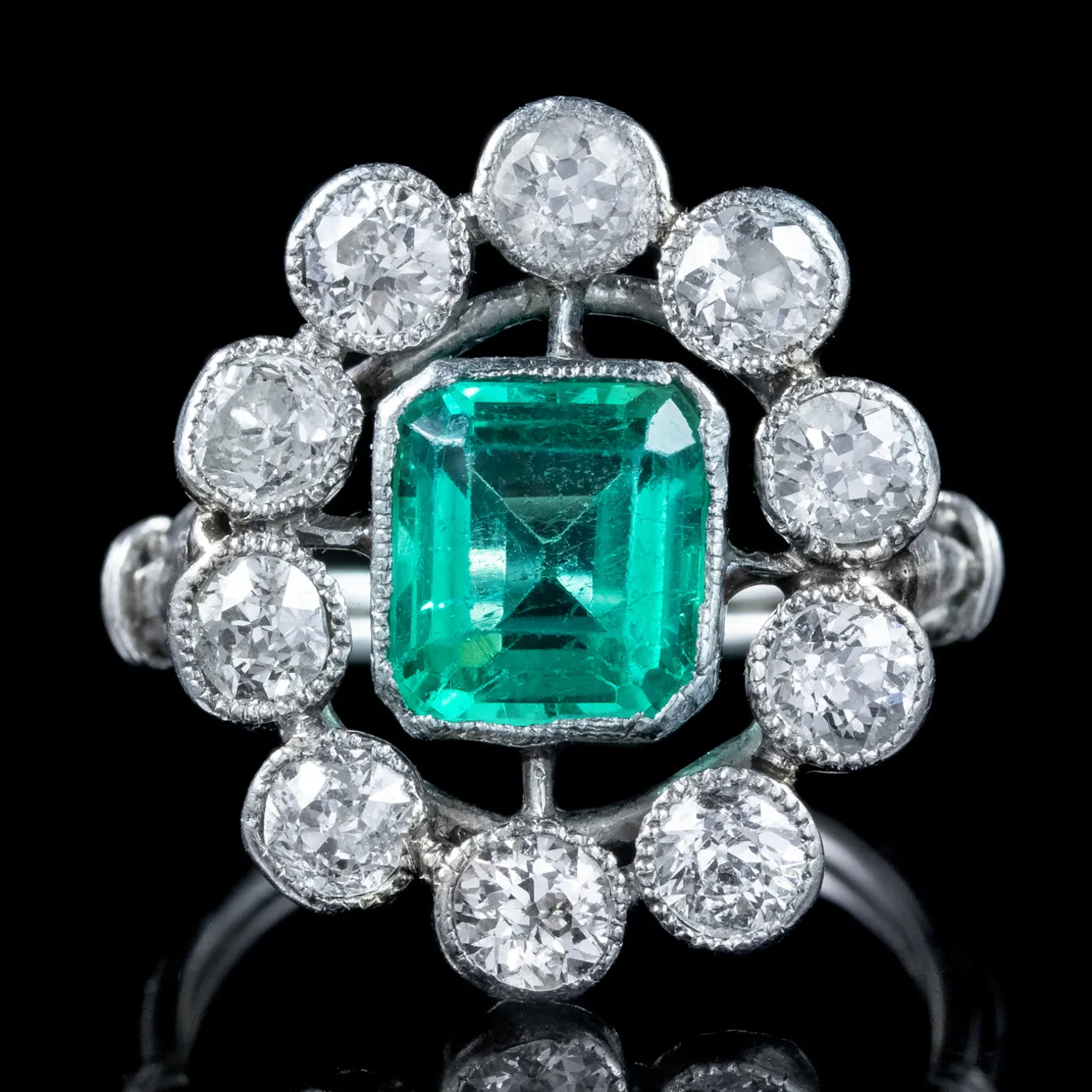 Antique Art Deco Emerald Diamond Cluster Ring 1.7ct Emerald