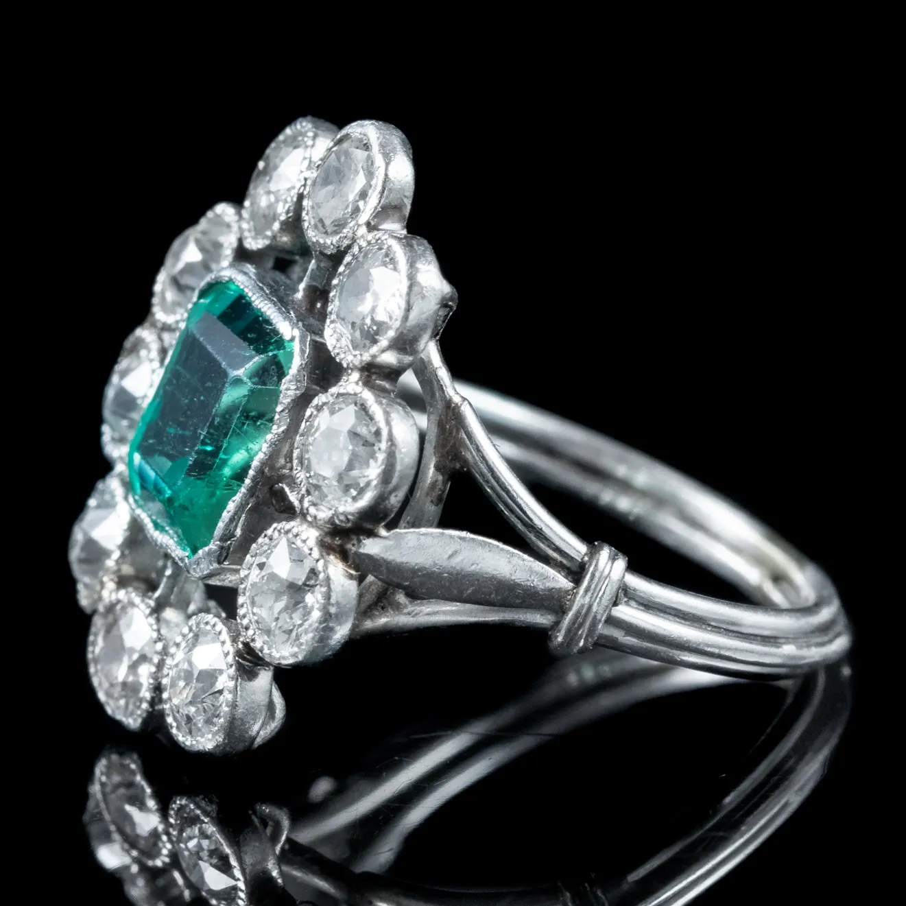 Antique Art Deco Emerald Diamond Cluster Ring 1.7ct Emerald