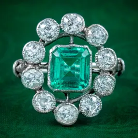 Antique Art Deco Emerald Diamond Cluster Ring 1.7ct Emerald