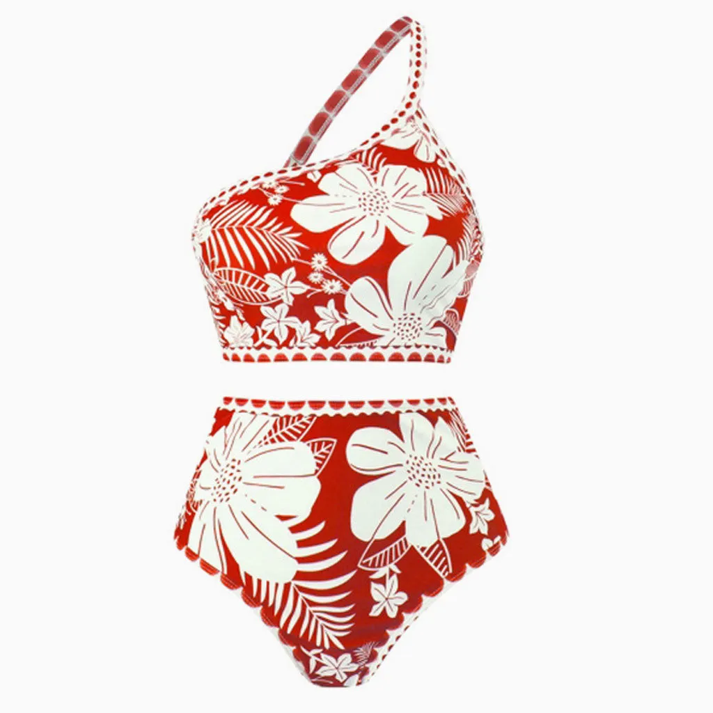 Asymmetrical Contrast Floral High Waist Moderate Crop One Shoulder Bikini Set