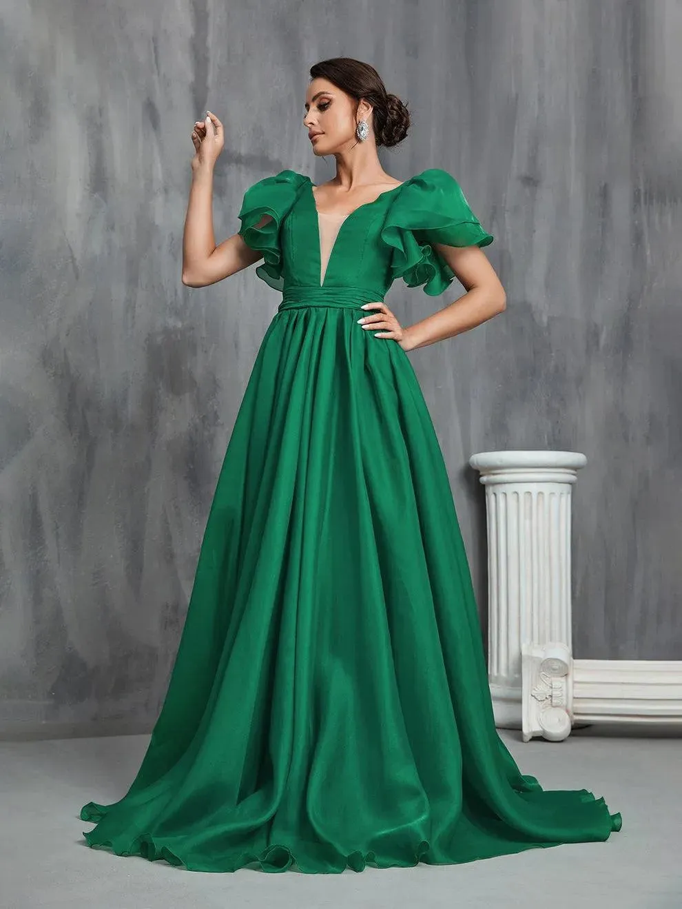 Backless Layered Sleeves Organza Prom Dress