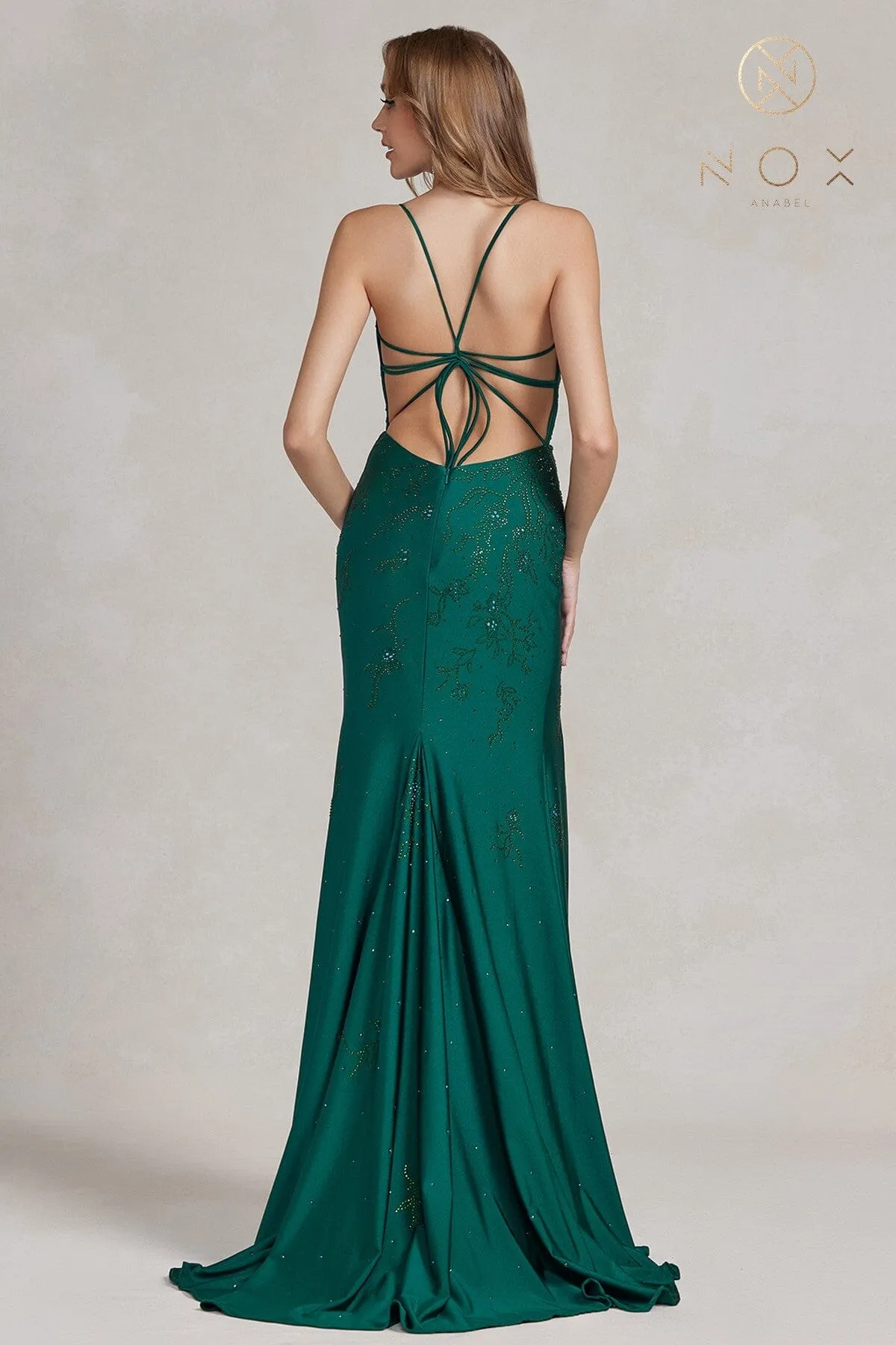 Beaded Fitted Deep V-Neck Gown by Nox Anabel E1206