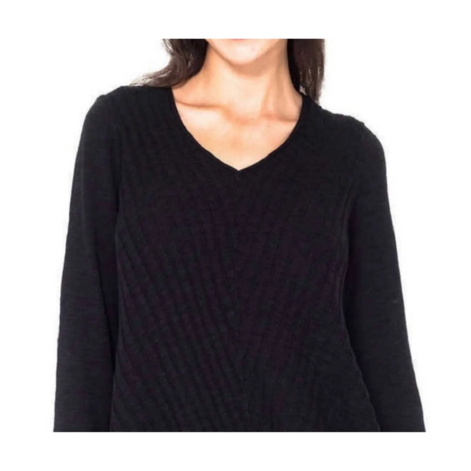 Beatrix Ost Ribbed Knit Long Sleeve V-Neck Tunic Top Black Medium