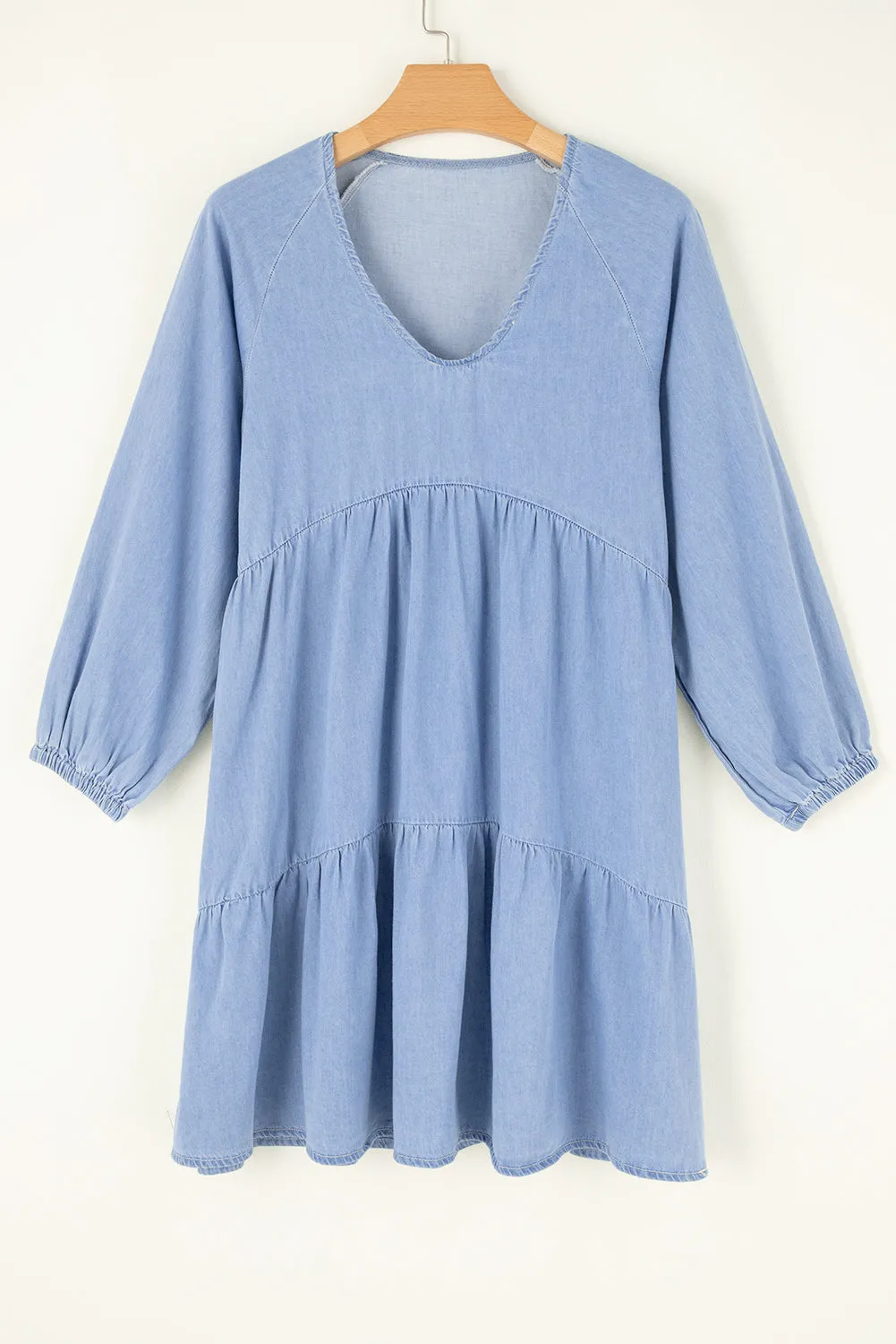 Beau Blue Puff Sleeve V Neck Tiered Ruffled Chambray Mini Dress