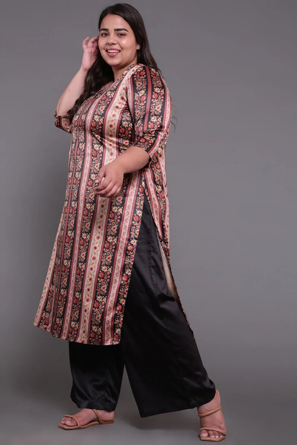 Beige Ethnic Printed Party Wear Kurti