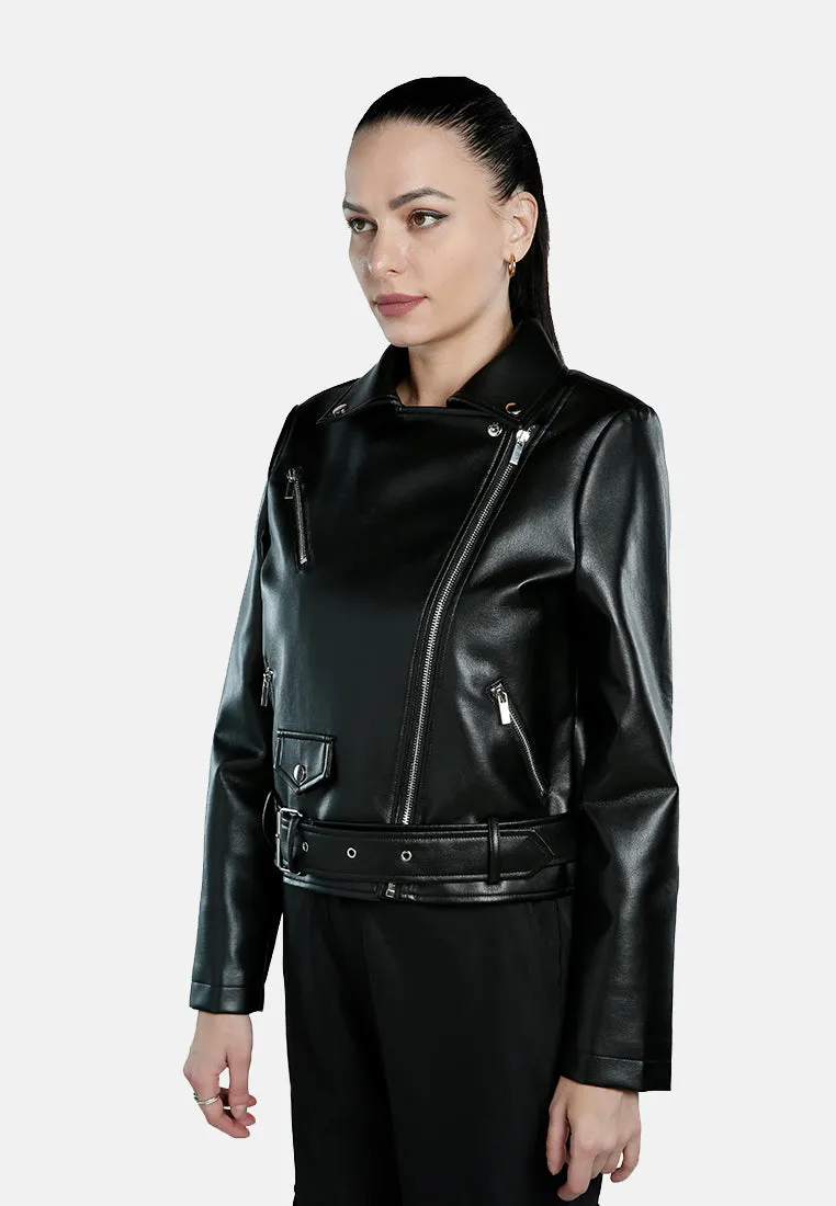 Belted Faux Leather Biker Jacket