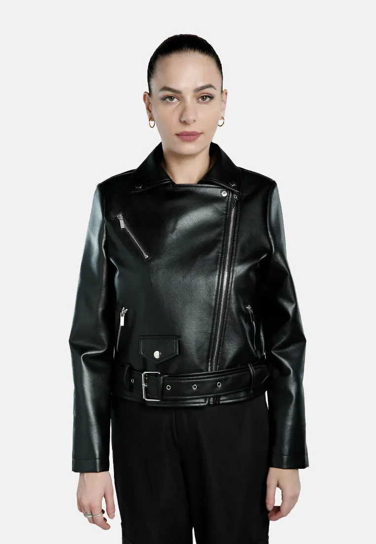 Belted Faux Leather Biker Jacket