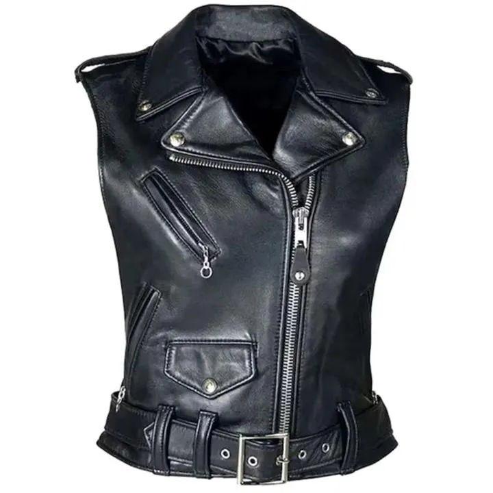 Black Leather Biker Vest for Women