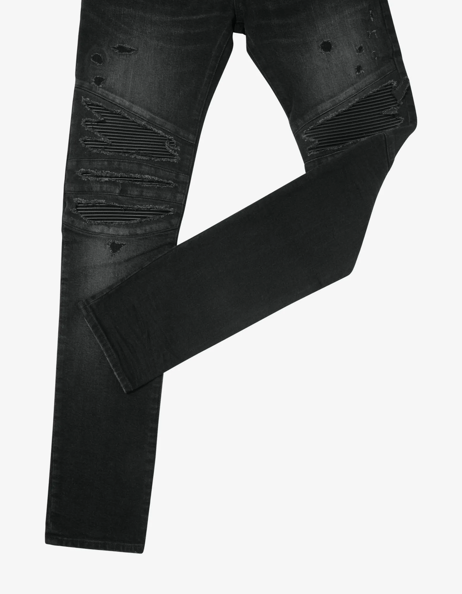 Black Ribbed Panel Destroyed Slim Biker Jeans