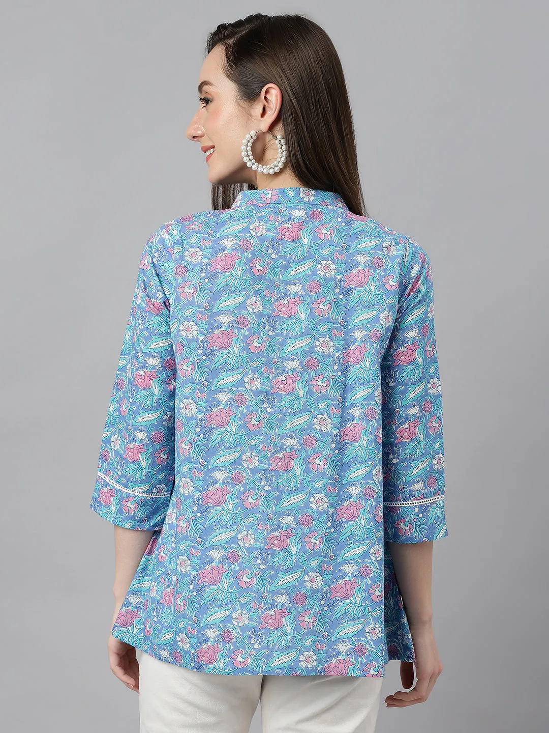 Blue Cotton Botanical Print Empire Top