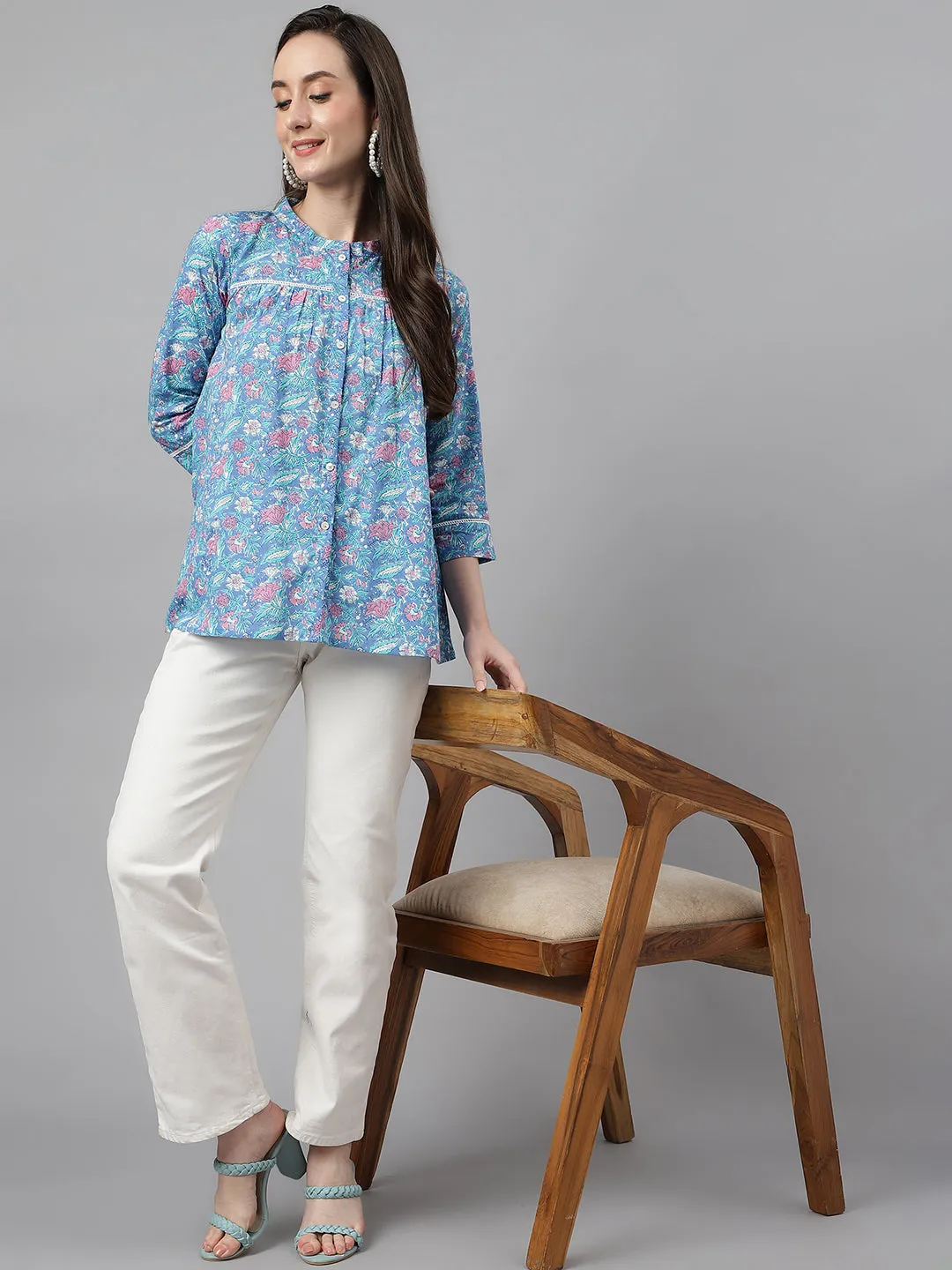 Blue Cotton Botanical Print Empire Top