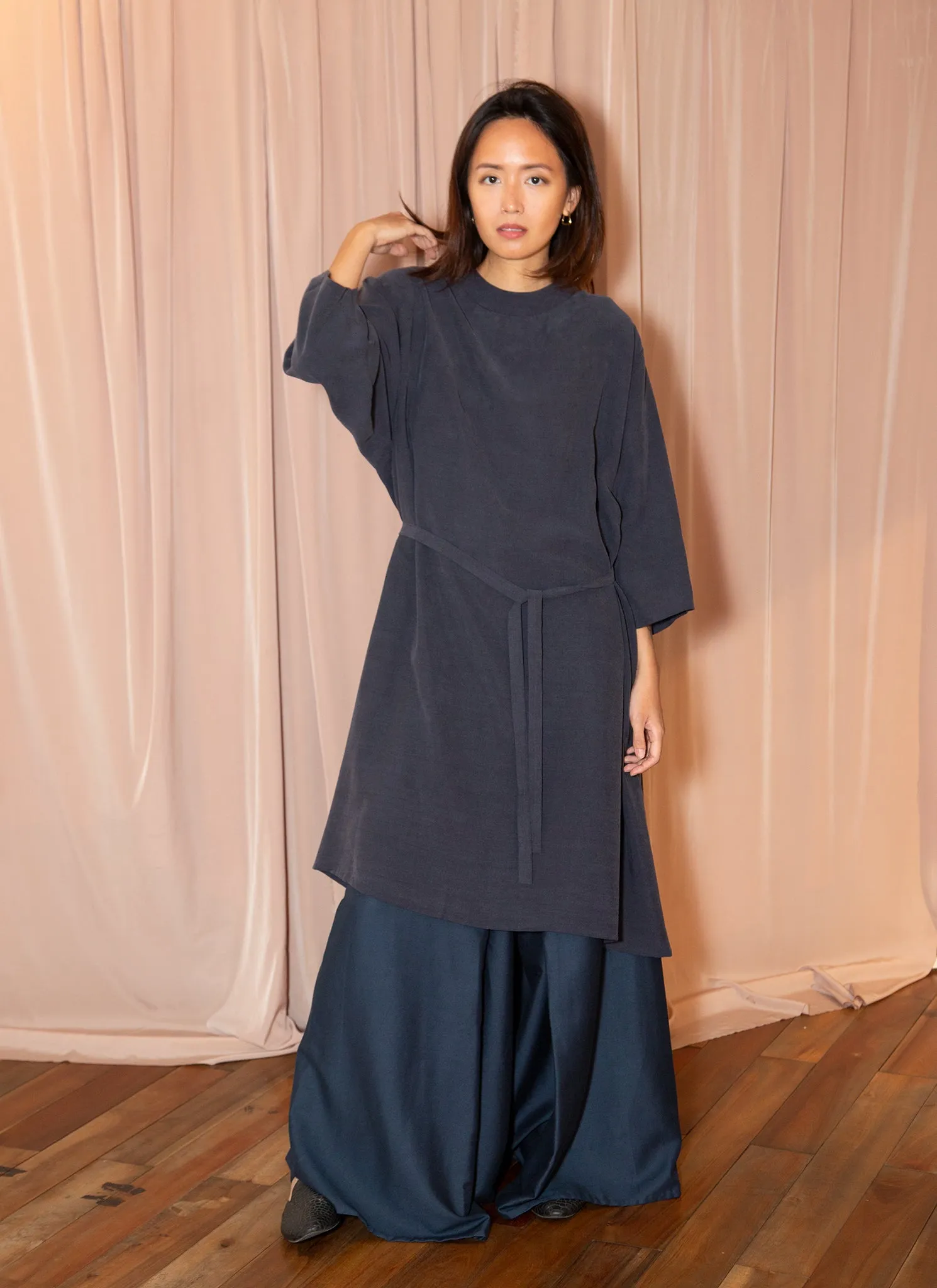 Branch Boxy A-Line Dress in Dark Blue