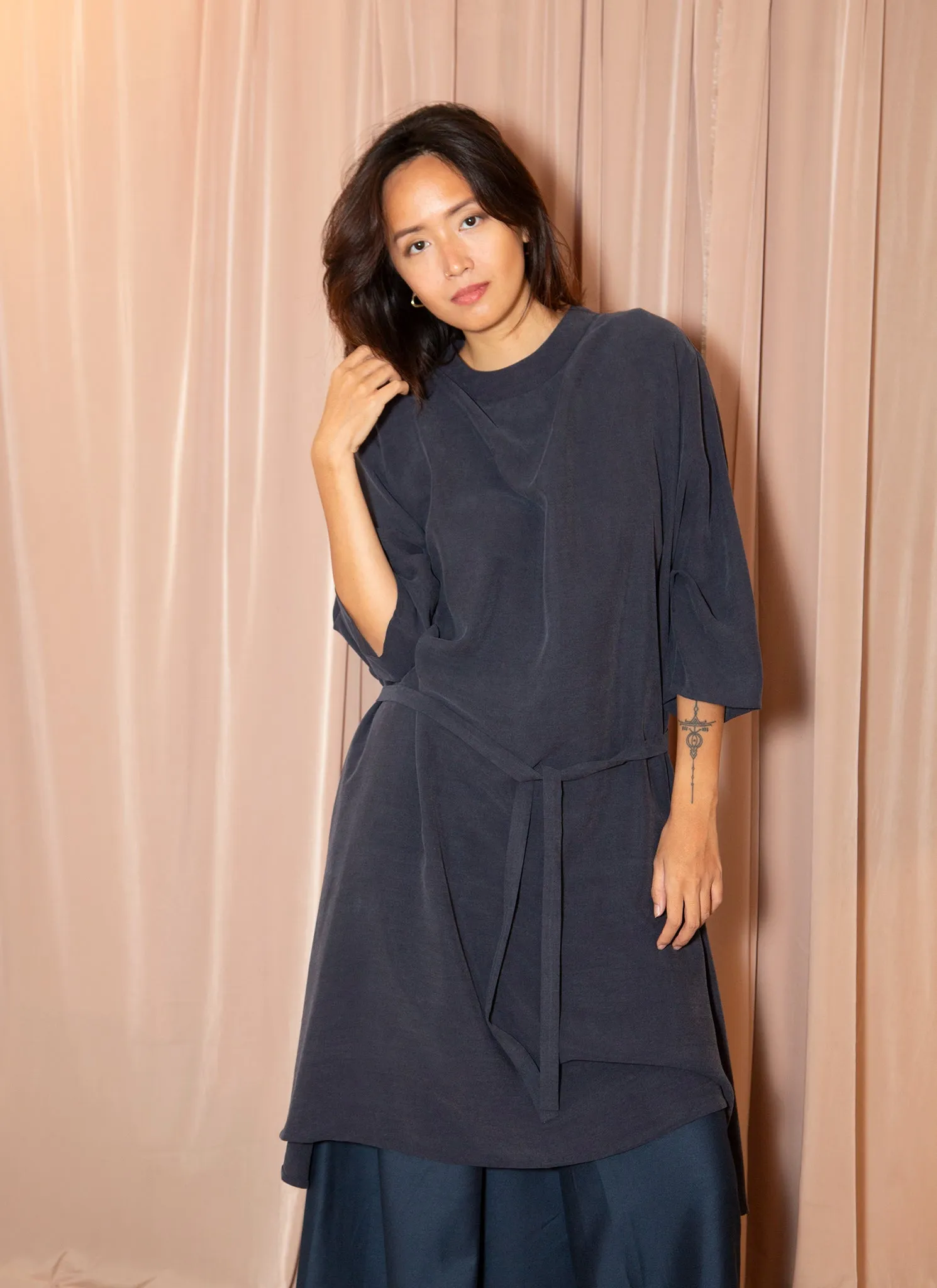 Branch Boxy A-Line Dress in Dark Blue