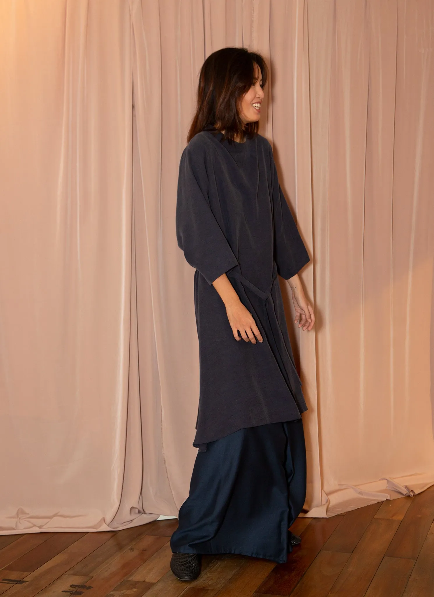 Branch Boxy A-Line Dress in Dark Blue