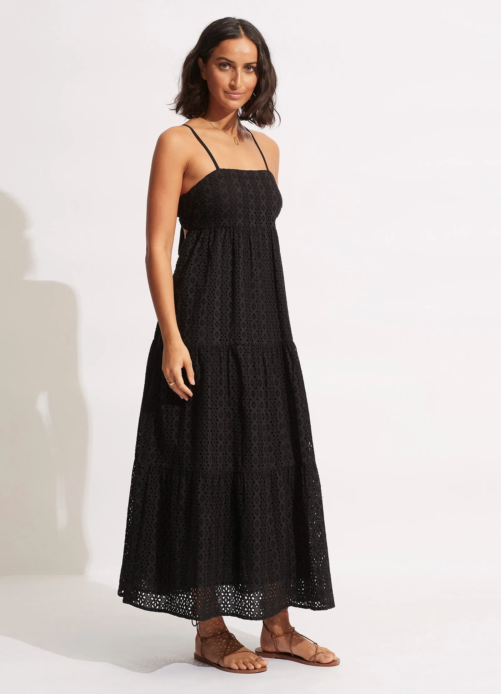 Broderie Anglaise Tiered Maxi Dress - Black