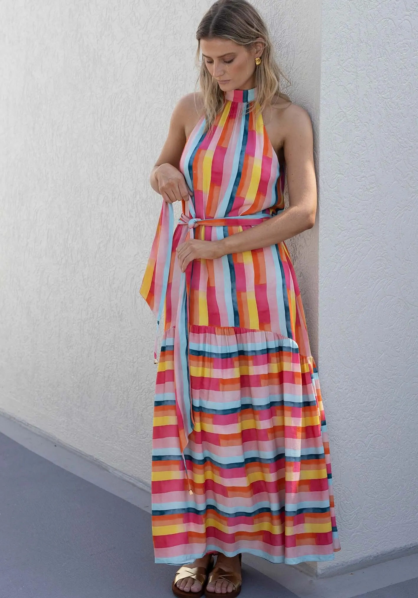 Casino Stripe Halter Maxi Dress