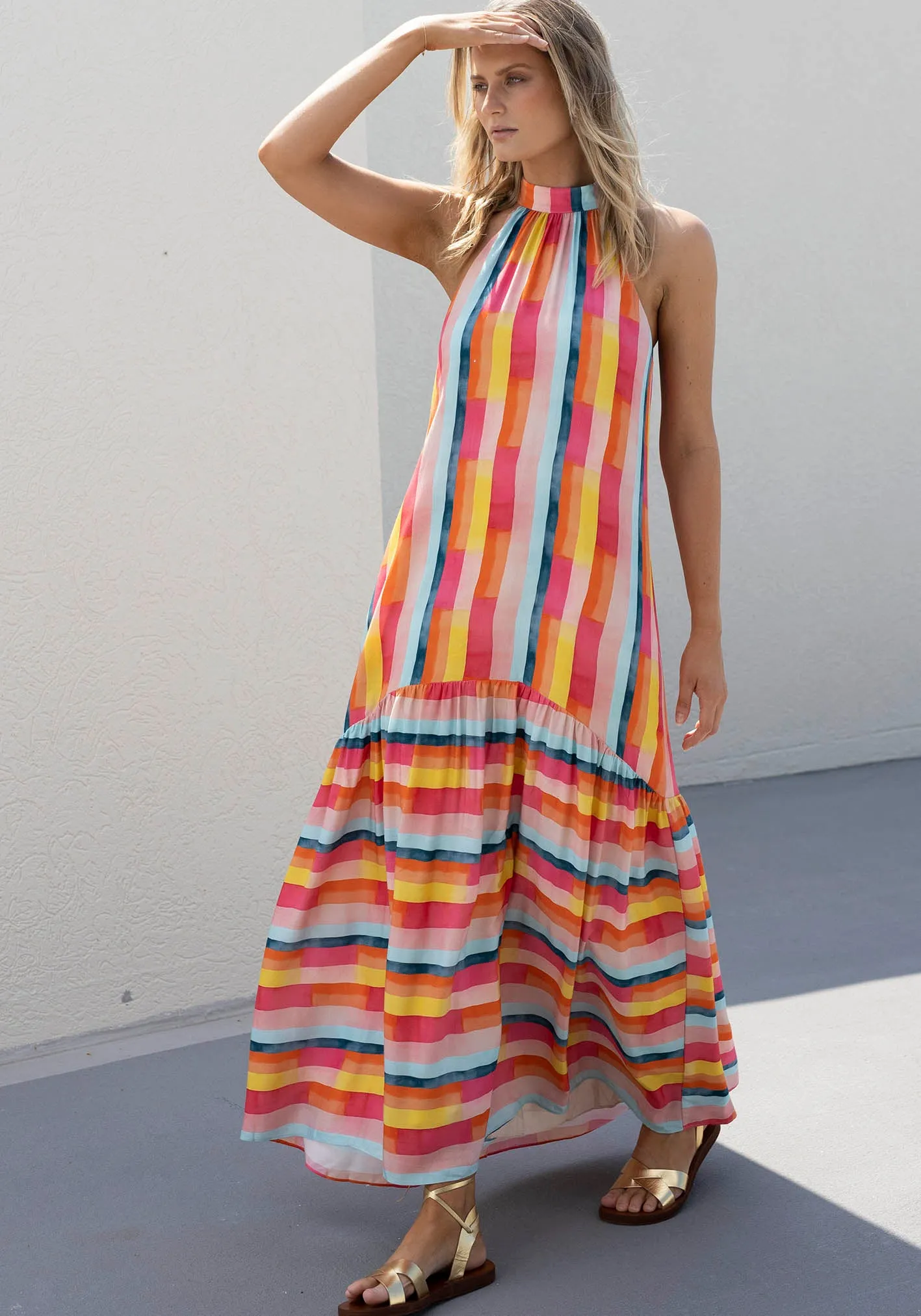 Casino Stripe Halter Maxi Dress