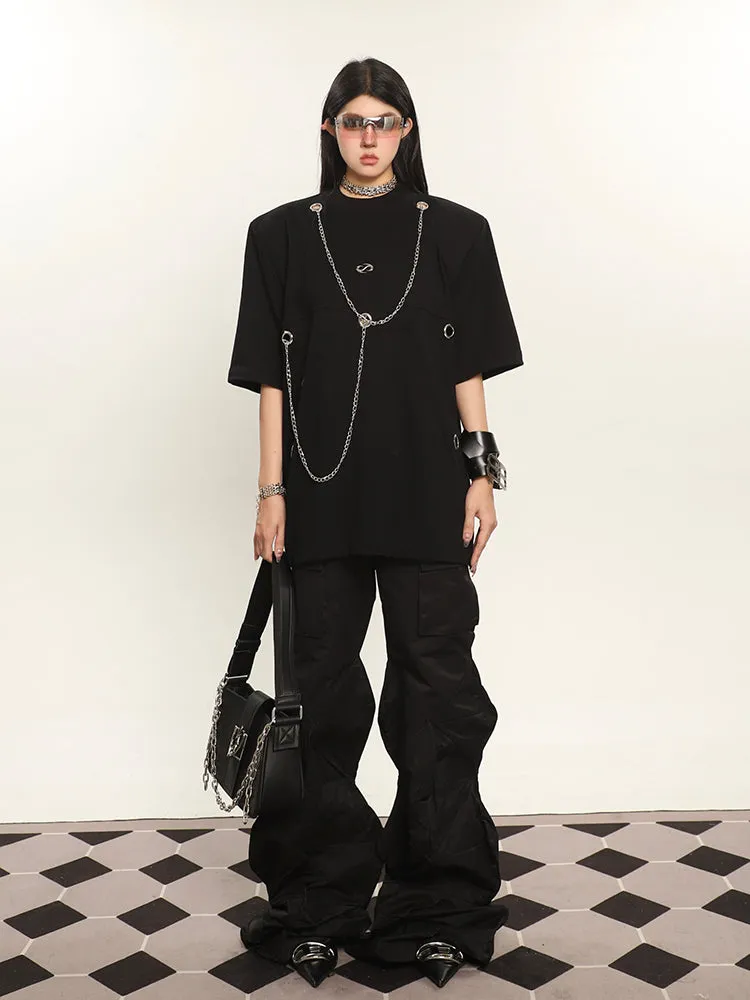 Cassy Solid Color Irregular Shaped Cut Out Design Wide Leg Zipper Cargo Pants