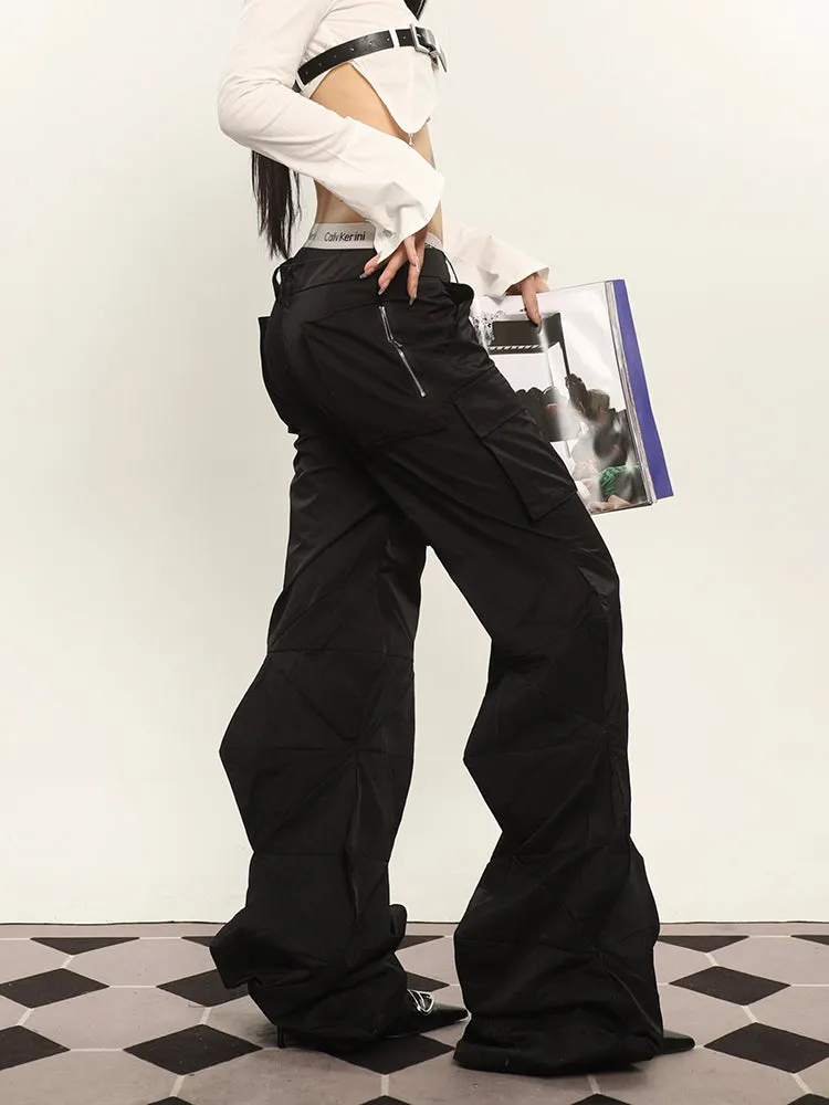 Cassy Solid Color Irregular Shaped Cut Out Design Wide Leg Zipper Cargo Pants