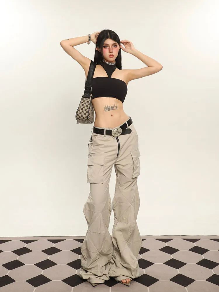 Cassy Solid Color Irregular Shaped Cut Out Design Wide Leg Zipper Cargo Pants