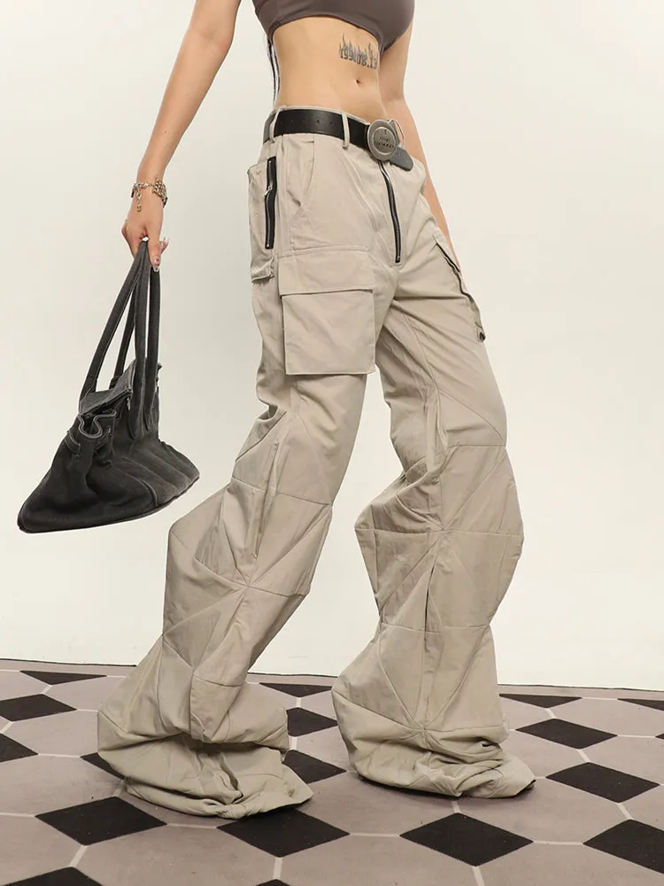 Cassy Solid Color Irregular Shaped Cut Out Design Wide Leg Zipper Cargo Pants