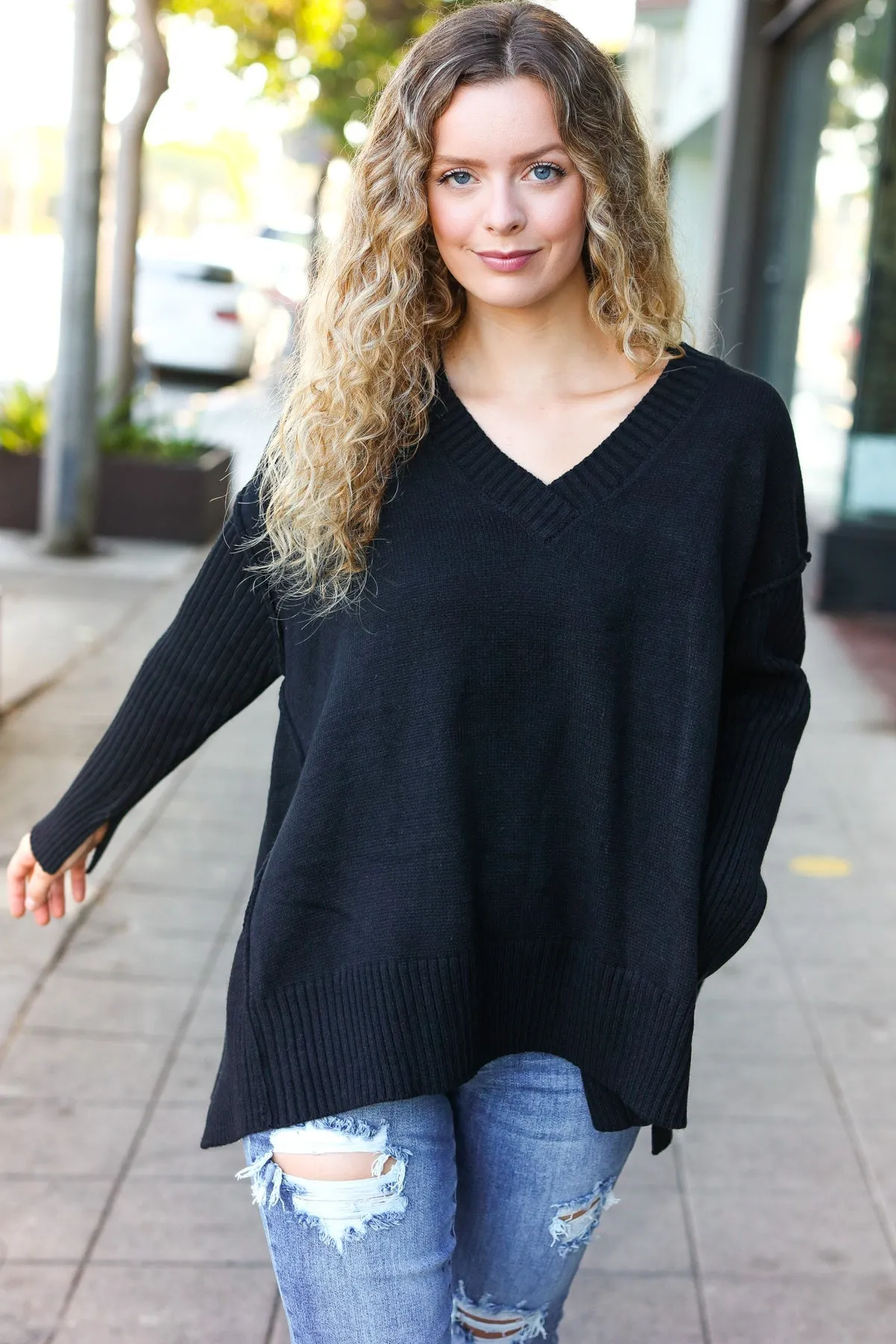 Casual Chic Black Oversized V Neck Rib Knit Sweater