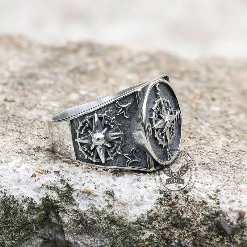 Compass Design Stainless Steel Marine Ring