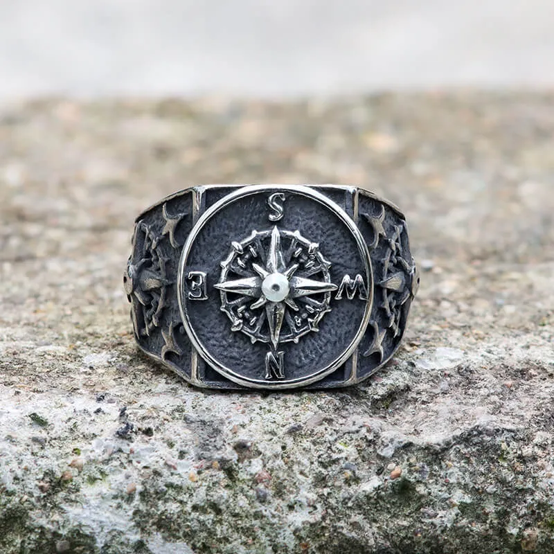 Compass Design Stainless Steel Marine Ring