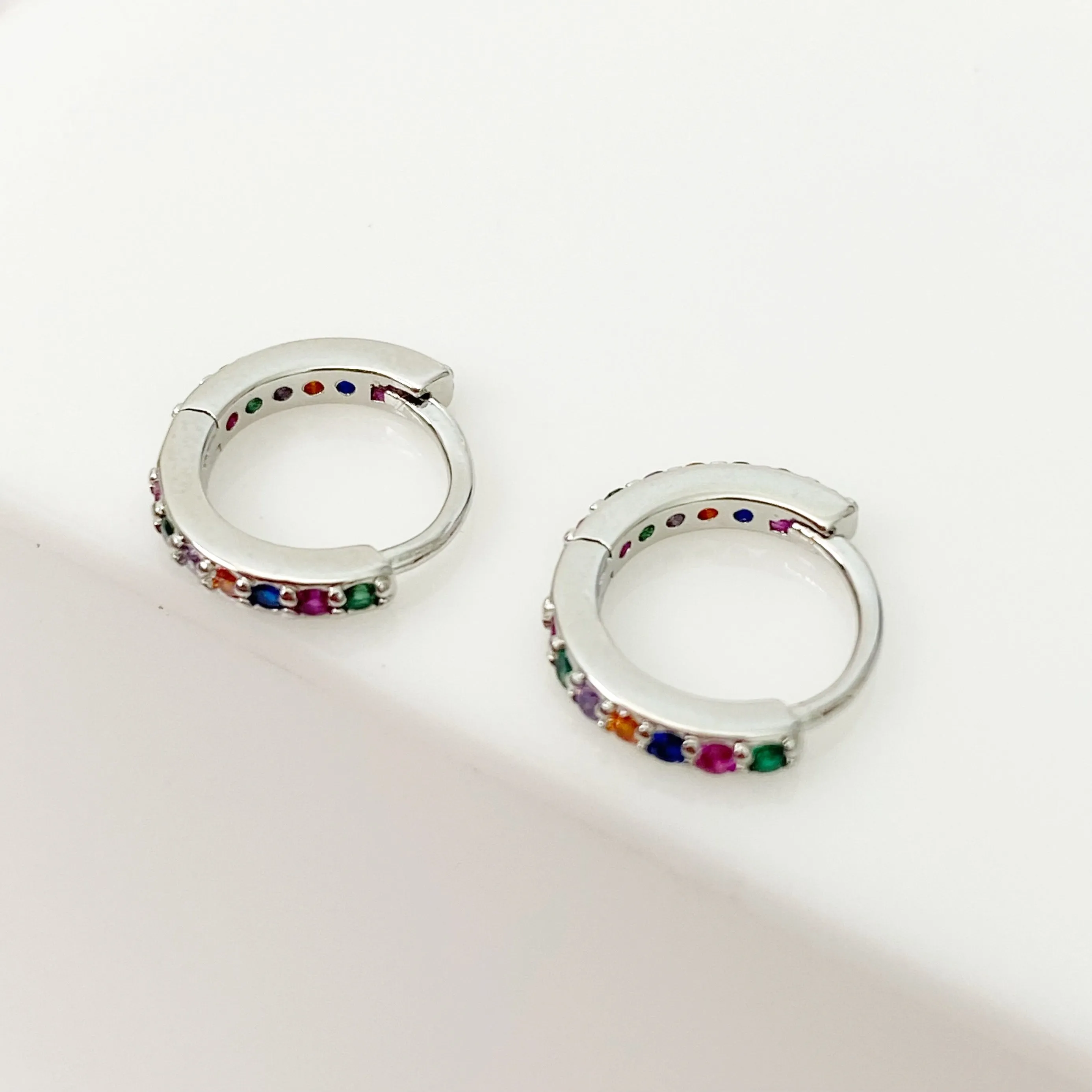 Cubic Zirconia Silver Huggie Hoops - Multi