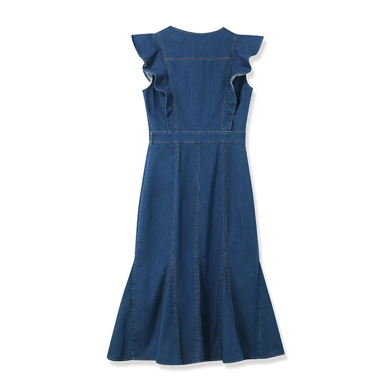 Denim Blue Ruffle Sleeveless Fishtail Midi Dress