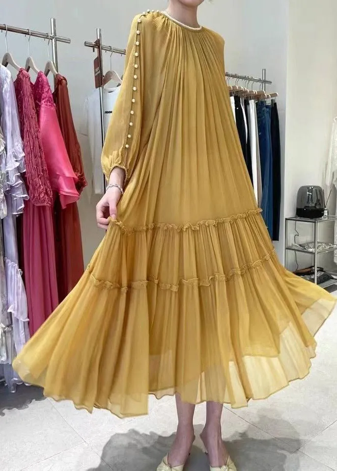 DIY Yellow O-Neck Nail bead Ruffled Silk Dress Long Sleeve