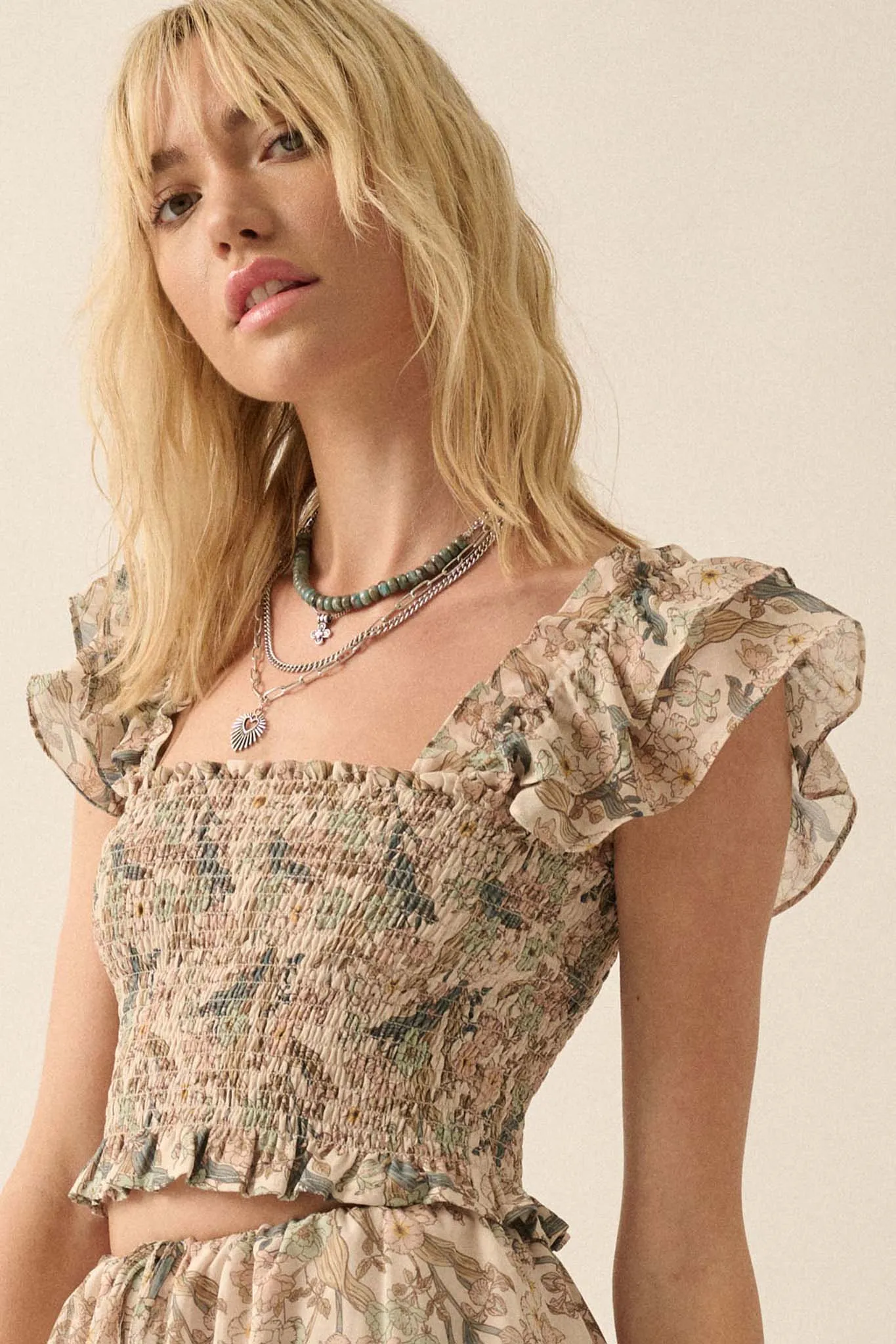 Eternal Allure Smocked Floral Chiffon Ruffle Top