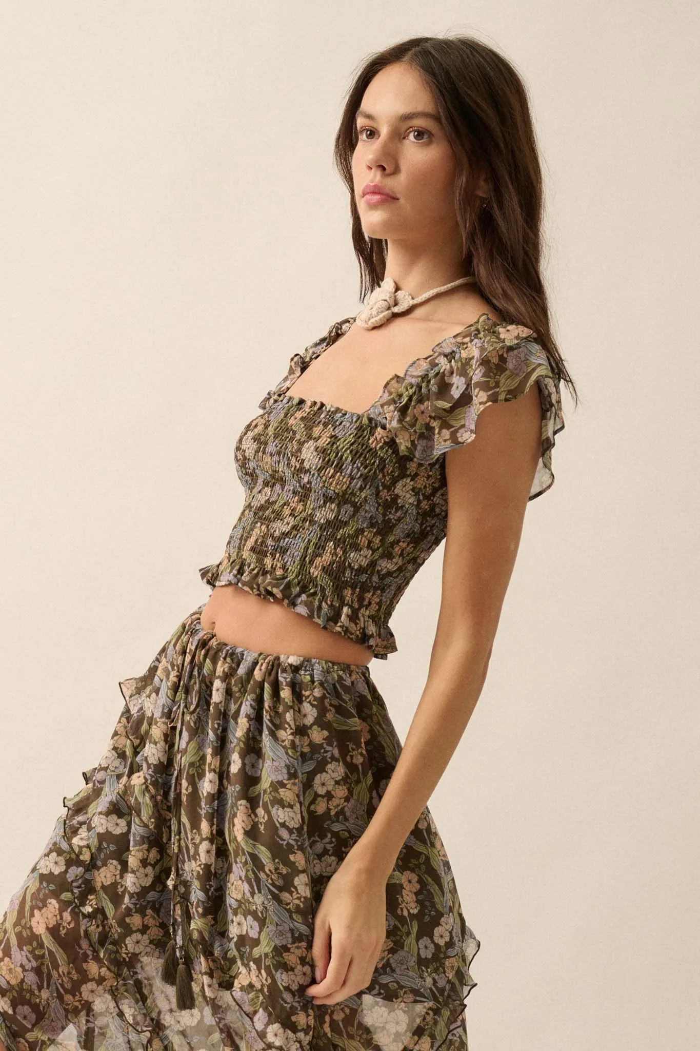 Eternal Allure Smocked Floral Chiffon Ruffle Top