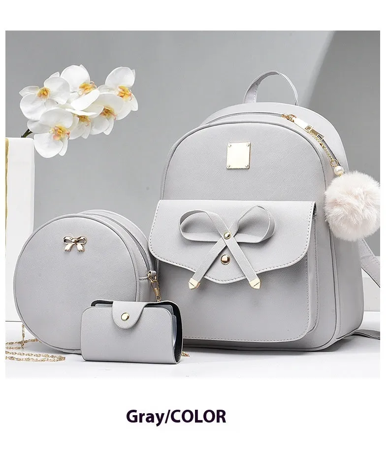 Fashion Women's PU Bow Bag Set - Cute Shoulder Backpack, Crossbody Bag, and Coin Purse (3pcs)