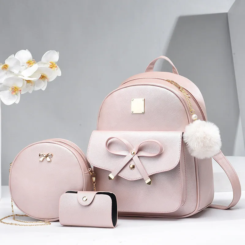 Fashion Women's PU Bow Bag Set - Cute Shoulder Backpack, Crossbody Bag, and Coin Purse (3pcs)