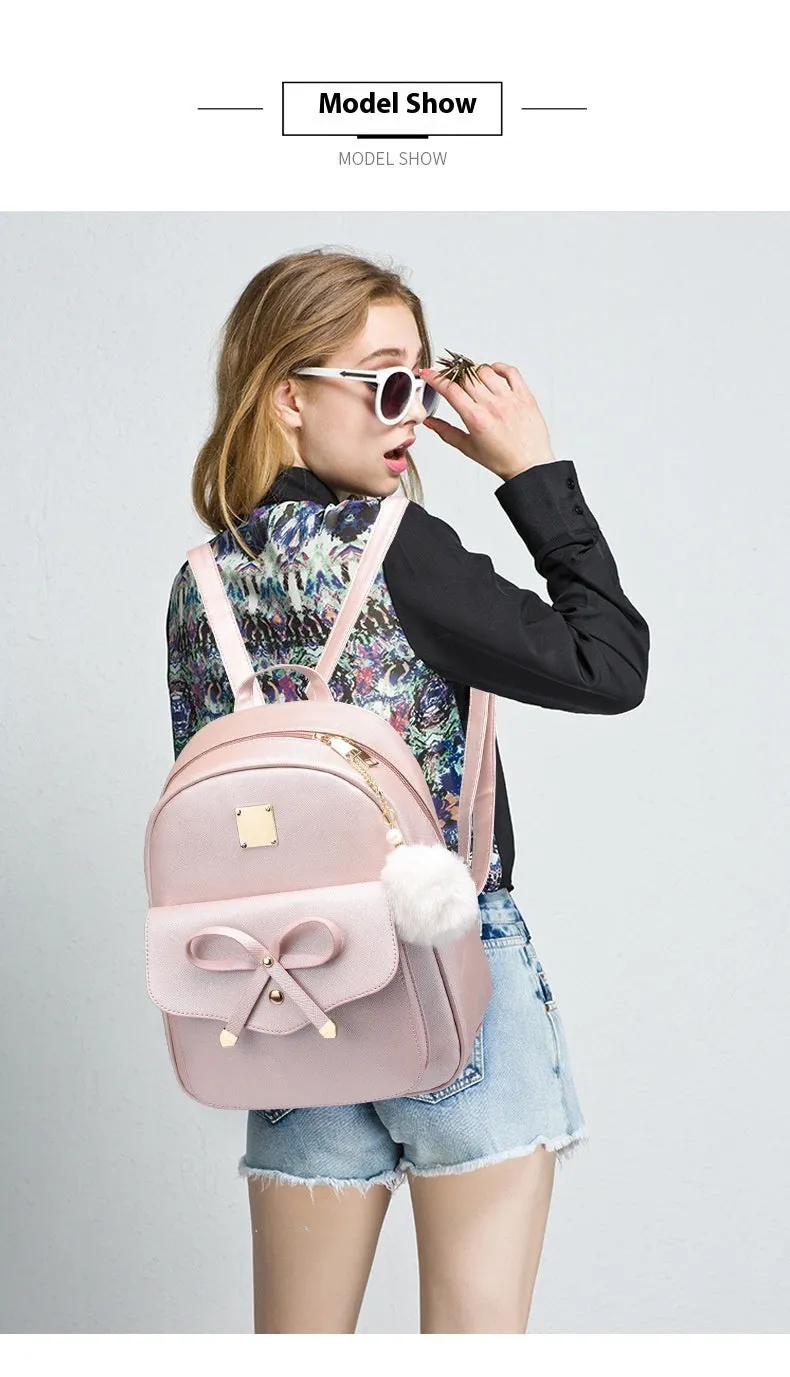 Fashion Women's PU Bow Bag Set - Cute Shoulder Backpack, Crossbody Bag, and Coin Purse (3pcs)