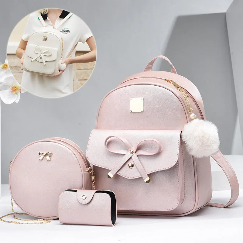 Fashion Women's PU Bow Bag Set - Cute Shoulder Backpack, Crossbody Bag, and Coin Purse (3pcs)